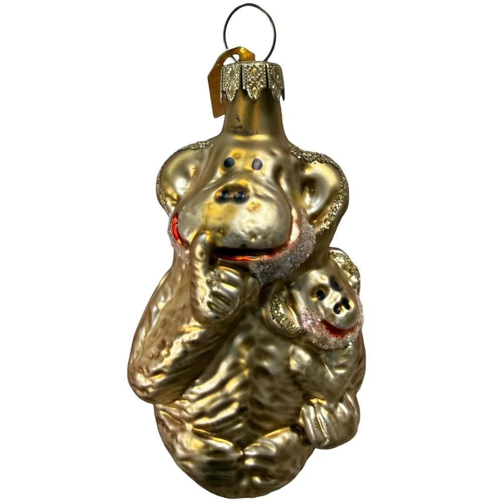 Discovery Store Gold Monkey Holding Baby Glass Ornament Christmas Tree Decor‎